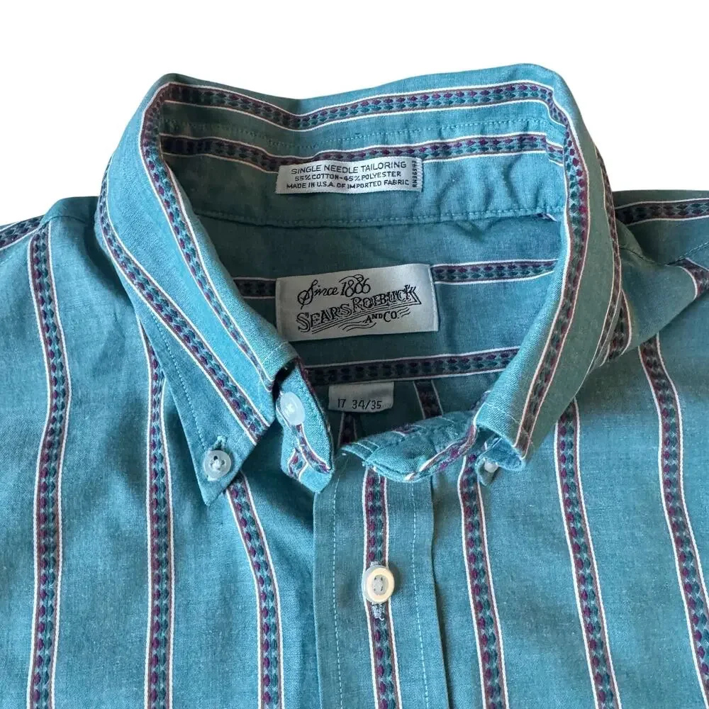 Sears Roebuck Vintage Button Down Shirt Men's 17 34/35 Blue Western Retro‎